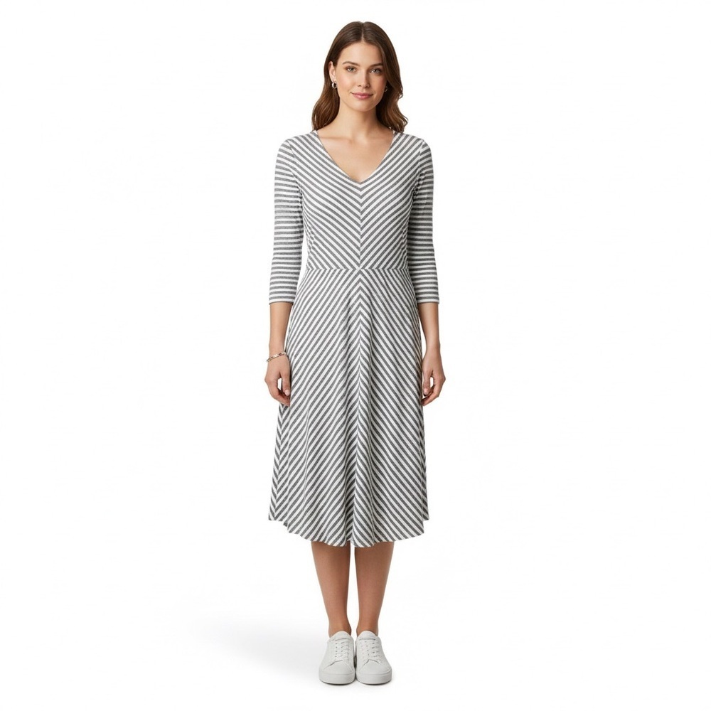 Lands' End Striped Midi Dress Size M 10/12 Blue White Cotton Knit with Pockets